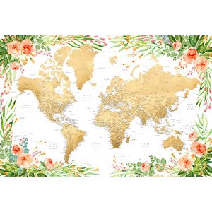 Mapa Floral bohemian world map with cities, Blythe, Blursbyai, (40 x 26.7 cm)