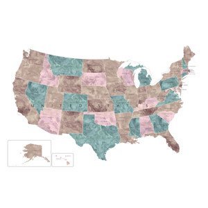 Mapa Muted watercolor map of the US with state capitals, Blursbyai, (40 x 26.7 cm)