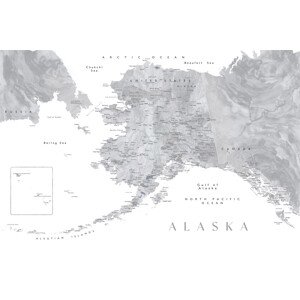 Mapa Detailed map of Alaska in grayscale watercolor, Blursbyai, (40 x 26.7 cm)