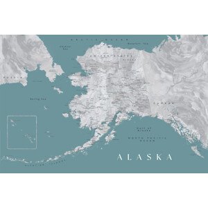 Mapa Detailed map of Alaska en teal and grey watercolor, Blursbyai, (40 x 26.7 cm)