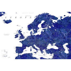 Mapa Navy blue detailed map of Europe in watercolor, Blursbyai, (40 x 26.7 cm)
