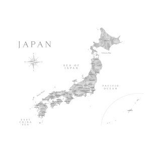 Mapa Map of Japan in gray watercolor, Blursbyai, (40 x 26.7 cm)