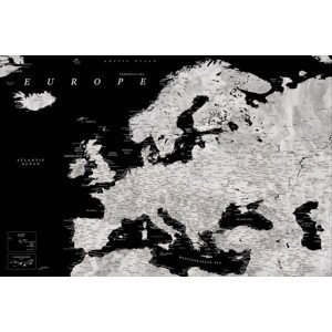 Plakát, Obraz - Blursbyai - Black and grey detailed map of Europe, (120 x 80 cm)