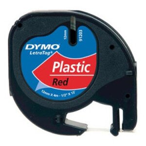 Originální páska pro Dymo 91203, S0721630, černý tisk/červený podklad, 4m, 12mm, LetraTag plastová páska