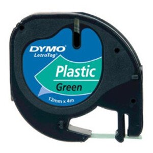 Originální páska do tiskárny Dymo  štítků, Dymo, 91204, S0721640, černý tisk/zelený podklad, 4m, 12mm, LetraTag plastová páska