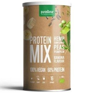 Purasana Vegan Protein Mix - Směs rostlinných proteinů - banán, konopí, slunečnice, hrách, dýně BIO 400 g