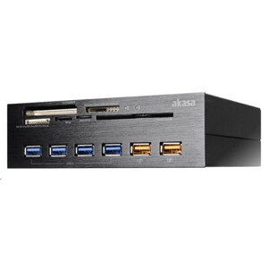 AKASA čtečka karet AK-HC-07BK Interconnect EX do 5.25”, 5-slotová, 4x USB 3.0, 2x nabíjecí USB, E-SATA, hliník, černá