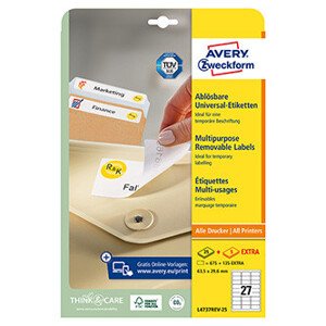 Avery Zweckform etikety 63.5mm x 29.6mm, A4, bílé, 27 etiket, odnímatelná, baleno po 25 ks, L4737REV-25, pro laserové a inkoustové