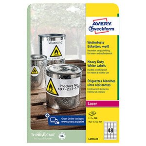 Avery Zweckform etikety 45.7mm x 21.2mm, A4, matné, bílé, 48 etiket, velmi odolné, baleno po 20 ks, L4778-20, pro laserové tiskárn