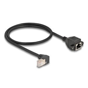 Delock Síťový prodlužovací kabel ze zástrčky S/FTP RJ45, pravoúhlý (90°), na integrovanou zásuvku RJ45, Cat.6A, 0,5 m, černý