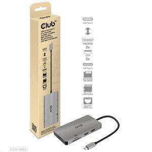 Club3D Dokovací stanice 8v1 USB 3.2 typ C (2xHDMI, 2xUSB-A, RJ45, SD/ Micro SD USB Type-C, 100W PD