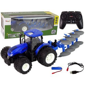 mamido Traktor na dálkové ovládání 1:24 s kovovým pluhem modrý