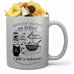 Hrnek Rodinný recept – stříbrný (Náplň hrníčku: Tropická směs)