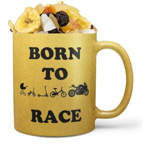 Hrnek Born to race - zlatý (Náplň hrníčku: Tropická směs)