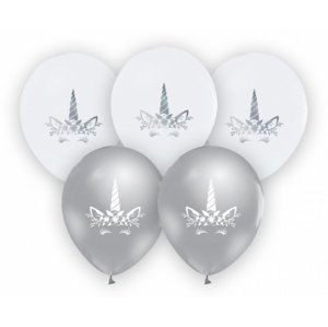 Latexové balonky stříbrná - bílá Jednorožec 30 cm - 5 ks