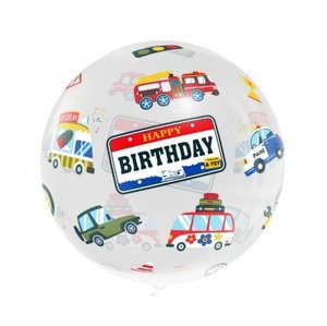 Balonek bublina průhledná s potiskem Auta - Happy Birthday - 51 cm