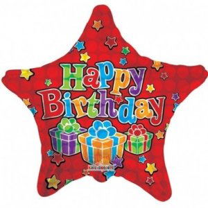 Foliový balonek hvězda - červený Happy Birthday s dárečky - 46 cm