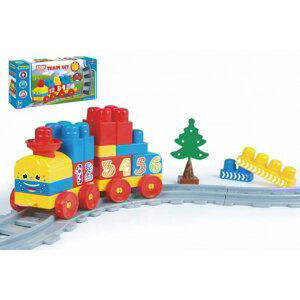 Baby Blocks vlak s kolejemi a stavebnicí plast délka dráhy 1,45m s doplňky v krabici 42x21x8cm 12m+