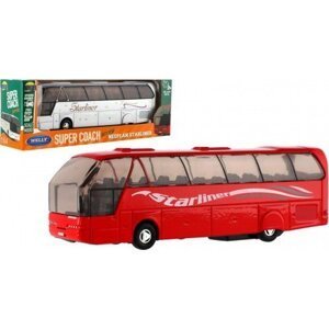 Autobus Welly Super Coach kov/plast 19cm na zpětné natažení 2 barvy v krabičce 22,5x8x5cm
