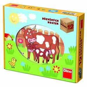 Kostky kubus Domácí zvířátka dřevo 12ks v krabičce 22x17x4cm - Dino