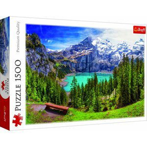 Puzzle Jezero Oeschinen Alpy, Švýcarsko 1500 dílků 85x58cm v krabici 40x26x6cm - Trigano