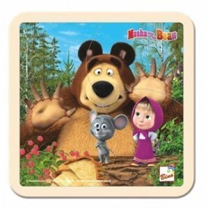 BINO Skládačka Puzzle dřevo Máša a Medvěd s myškou 4ks 15x15cm 12m+