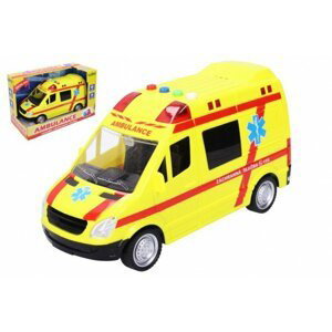 Auto ambulance záchranáři plast 21cm na baterie se světlem a zvukem v krabici 25x17x12cm