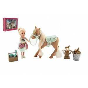 Panenka/žokejka 14cm kloubová s koněm plast s doplňky v krabici 30x23x6cm