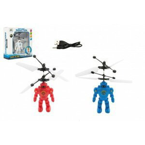 Vrtulník/Robot 15cm plast reagující na pohyb ruky s USB nab. kabelem se světlem v krabičce 17x18x6cm