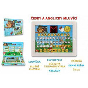 Naučný tablet moudré sovy dvojjazyčný CZ+AJ plast 24x19x2cm na baterie se zvukem v krabici 32x23x3cm