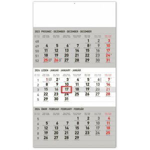Kalendář 2024 nástěnný: 3měsíční standard šedý - s českými jmény, 29,5 × 43 cm