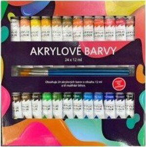 Akrylové barvy 24x12ml se štětcemi 3ks i na keramiku,sklo,kameny v krabičce 22x22x2cm