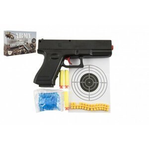 Pistole na kuličky 20cm plast + vodní kuličky 6mm,pěnové náboje 3ks,gumové kul. v krabičce 23x15x4cm