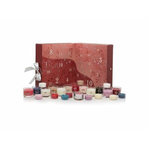 YANKEE CANDLE dárková sada Adventní kalendář kniha, 12 ks votivních svíček ve skle + 12 ks čajových svíčkek + svícen